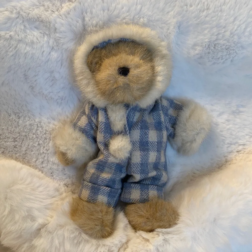 Boyds Bear Plush Jointed Lgt. Brown Fur Trim Hooded Checked Snowsuit #13644(CN)